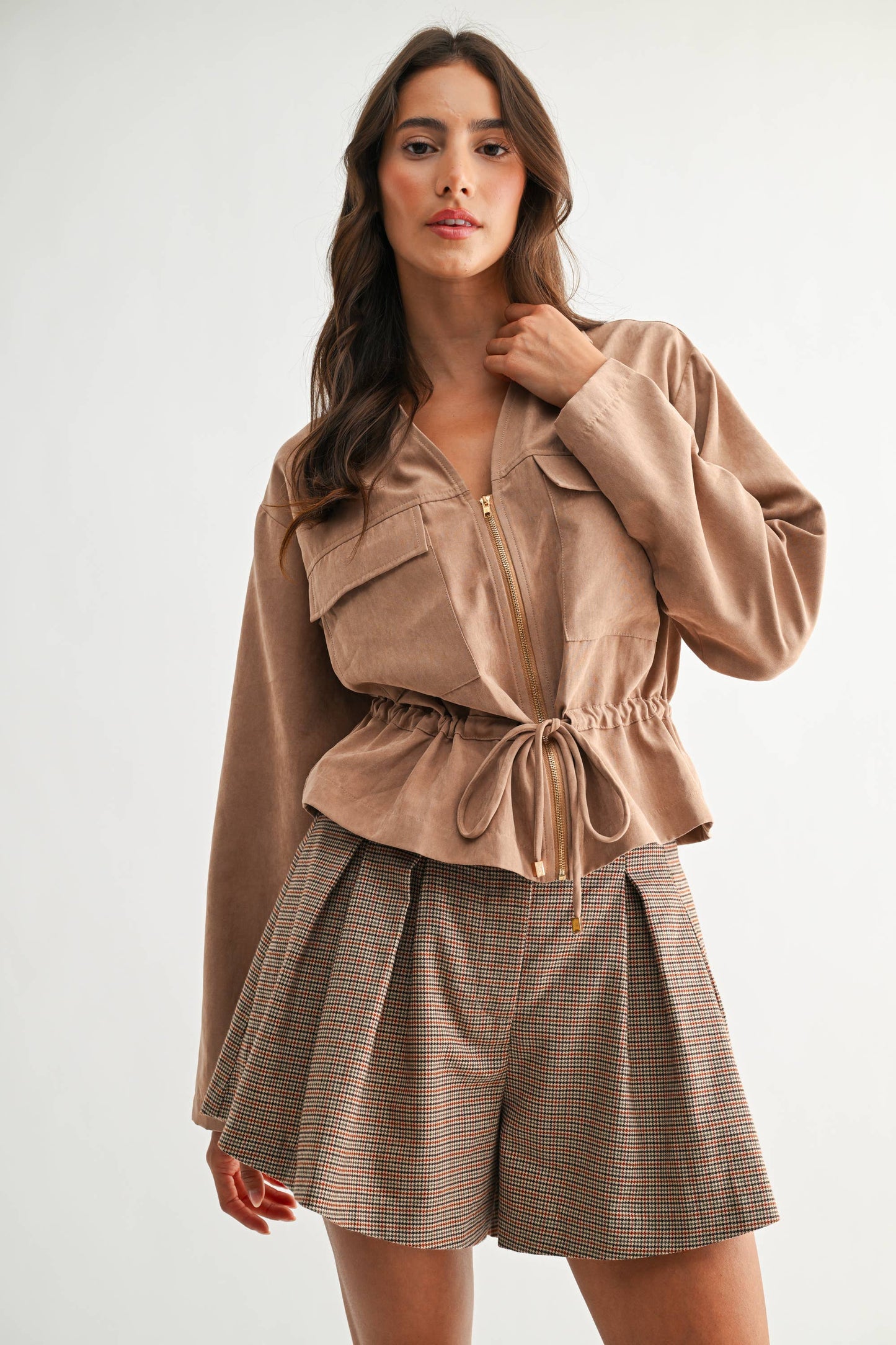 Lightweight Taupe Drawstring Utility Jacket