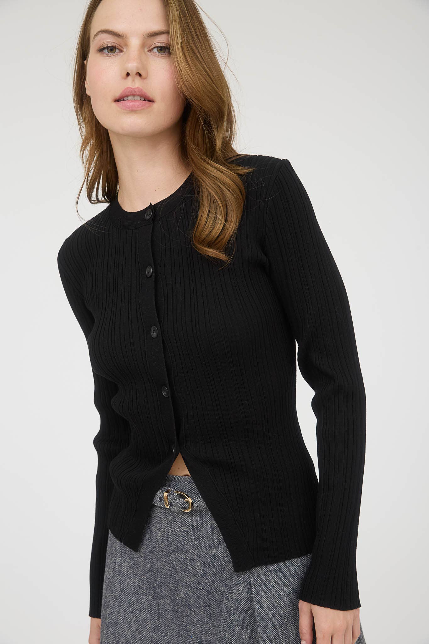 STRIPE KNIT BUTTON DOWN SPLIT HEM CARDIGAN