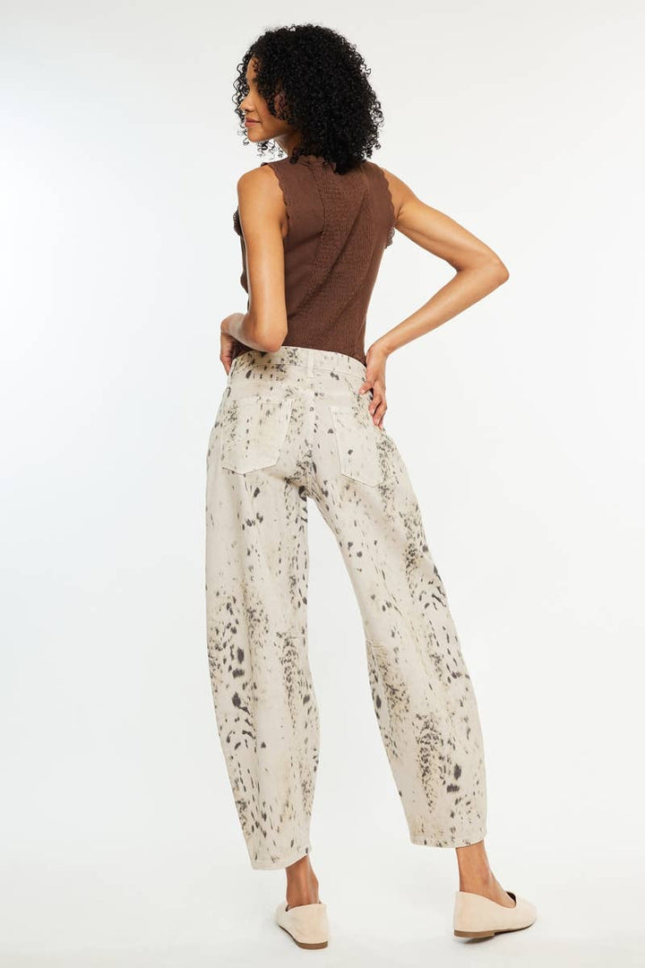 High Rise Abstract-Leopard Print Barrel Jean