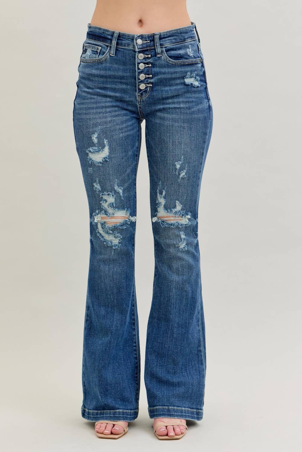 Judy Blue Midrise Button Fly Distressed Trouser Flare