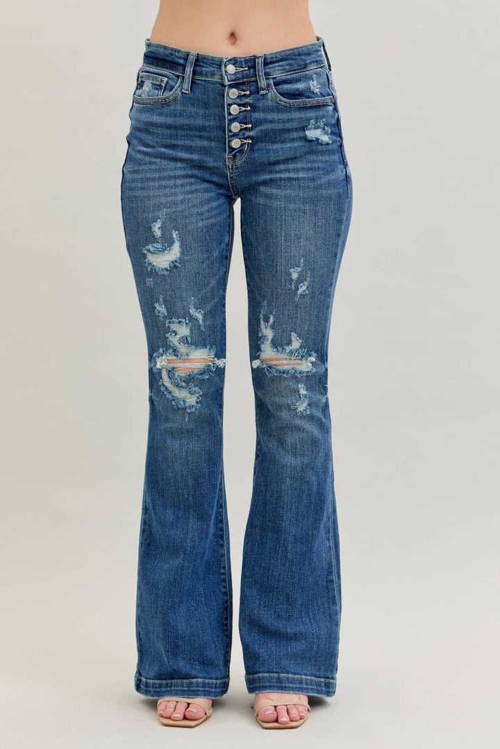 Judy Blue Midrise Button Fly Distressed Trouser Flare