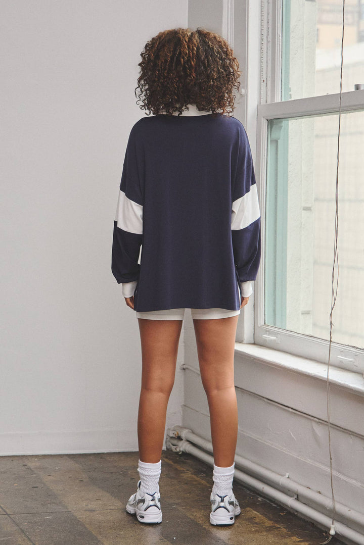 Stripe rugby polo top & biker shorts set