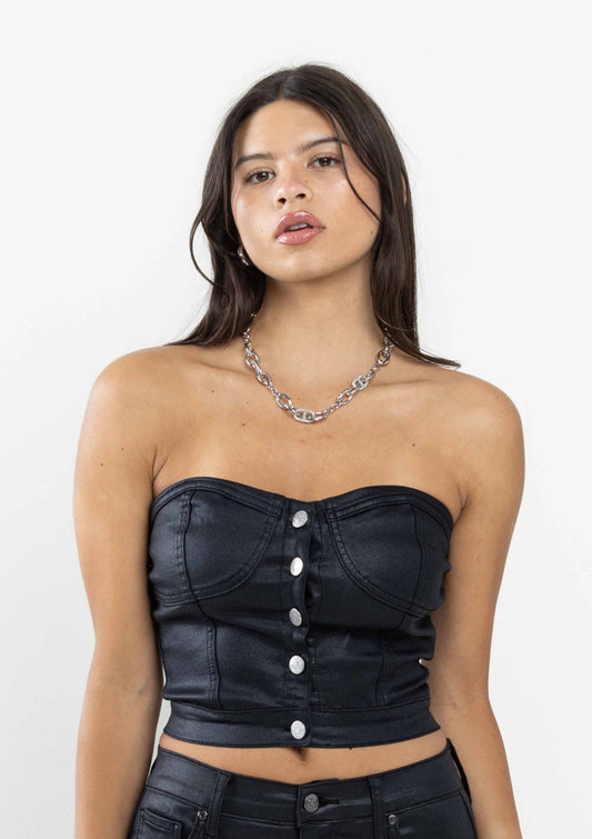 Black Coated Denim Strapless Top
