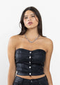 Black Coated Denim Strapless Top