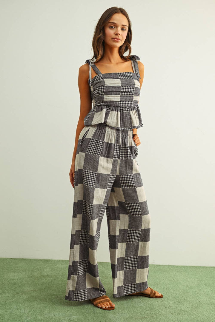 NAVY GINGHAM AND STRIPE PATCH EFFECT TOP
