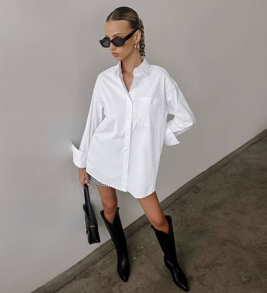 White Lapel Collared Button Down Shirt