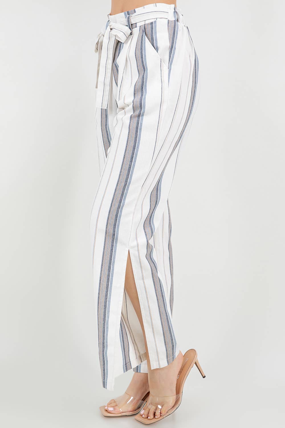 Tie Waist Wide Leg Linen Blend Pants with Side Slit