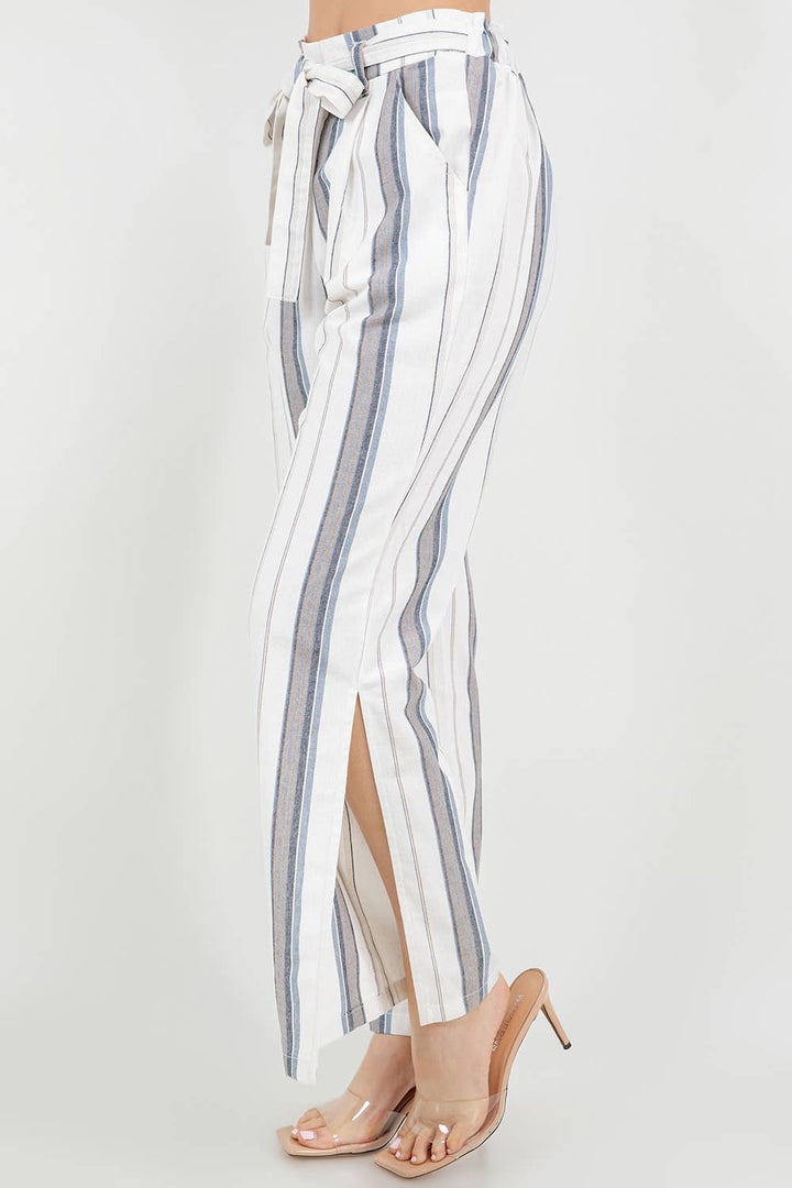 Tie Waist Wide Leg Linen Blend Pants with Side Slit