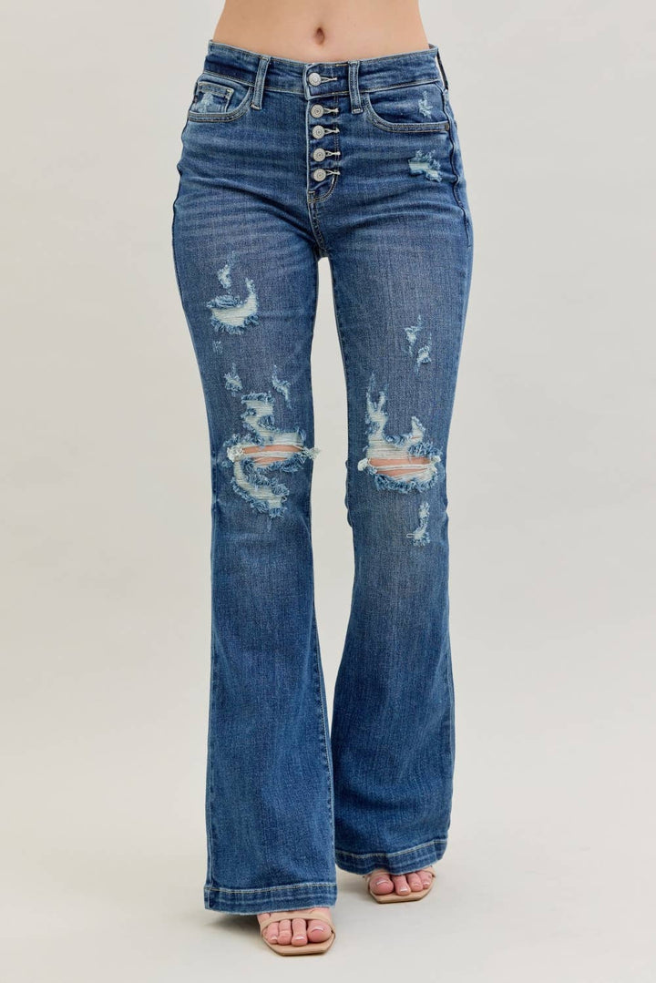 Judy Blue Midrise Button Fly Distressed Trouser Flare