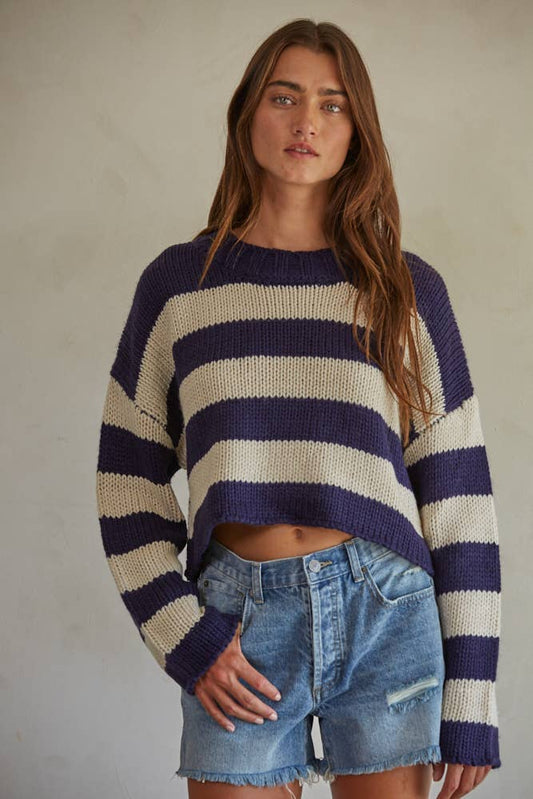 Knit Acrylic Sweater Striped Crew Neck Pullover