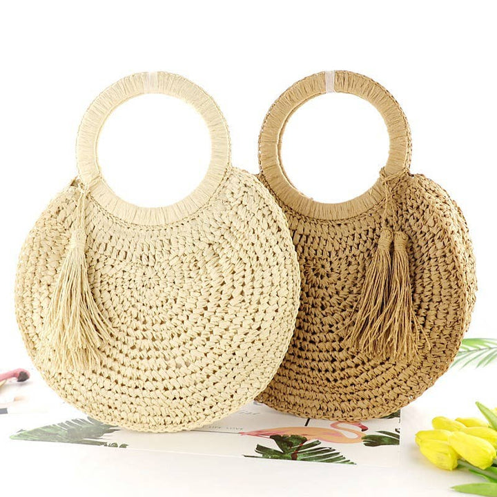 Tassel Woven Rattan Straw Wicker Shoulder Round Tote