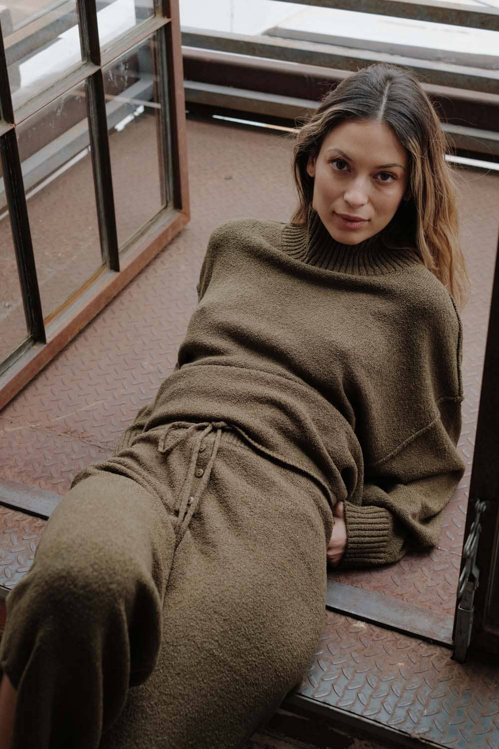 Textured Knit Exposed-Seam Mock-Neck Sweater