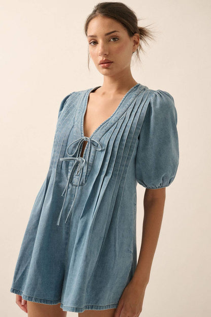 Denim Puff-Sleeve Tie-Front Pleated Romper
