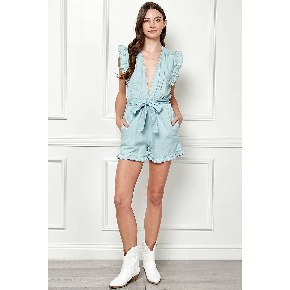 Chambray Ruffle neck Wasit belt Romper