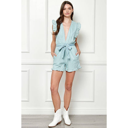 Chambray Ruffle neck Wasit belt Romper