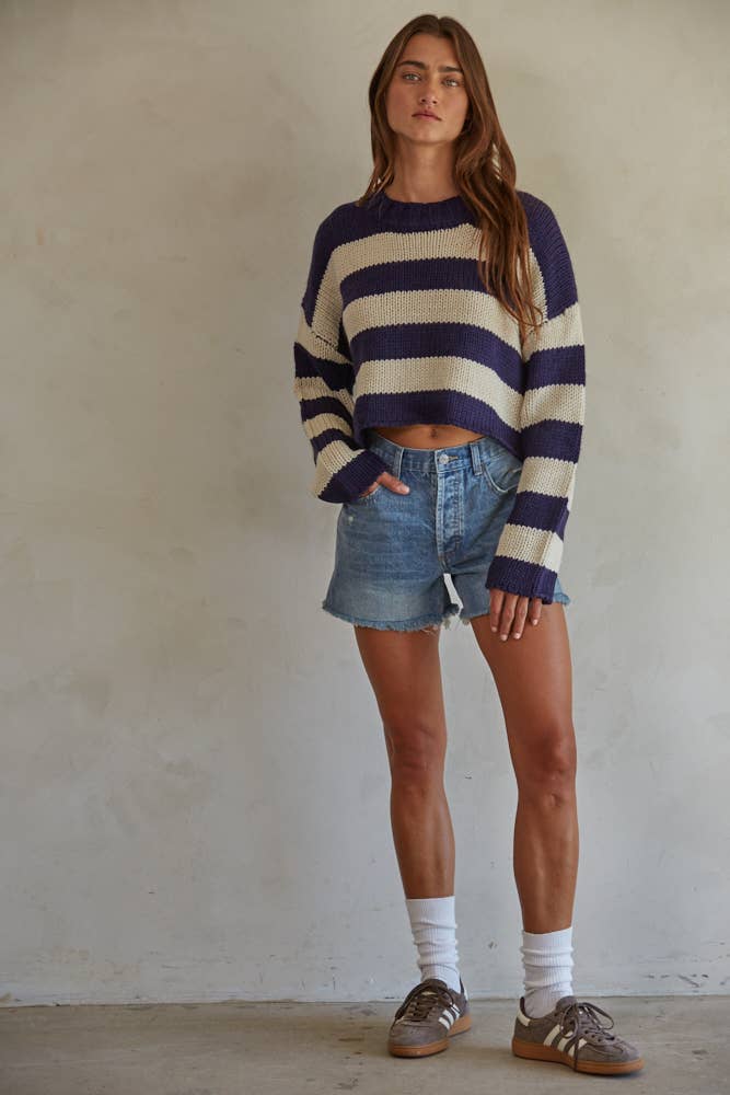 Knit Acrylic Sweater Striped Crew Neck Pullover
