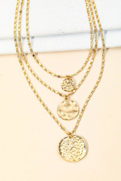 Layered Chain Hammered Coin Pendant Necklace