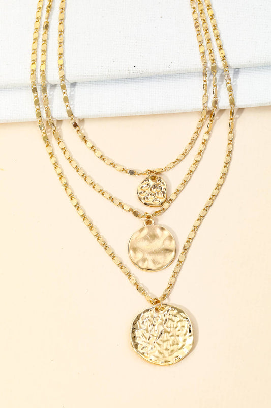 Layered Chain Hammered Coin Pendant Necklace