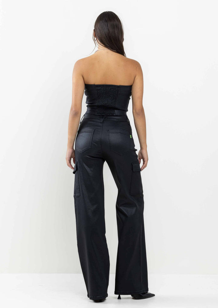 Black Coated Denim Strapless Top