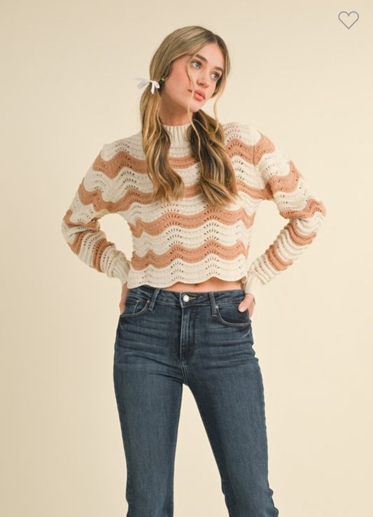 WAVE PATTERN POINTELLE SWEATER