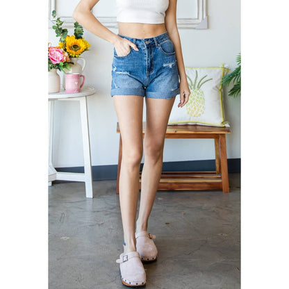 Washed Denim Distressed Roll up Shorts