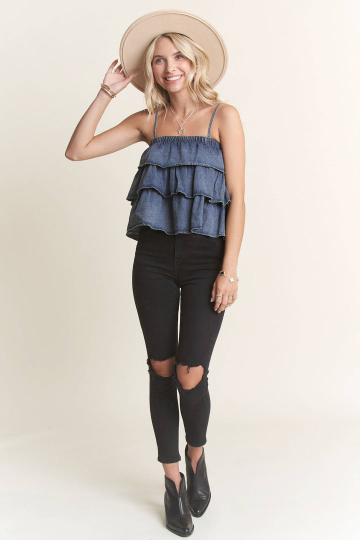 WASHED DENIM LAYERED BABYDOLL TANK TOP
