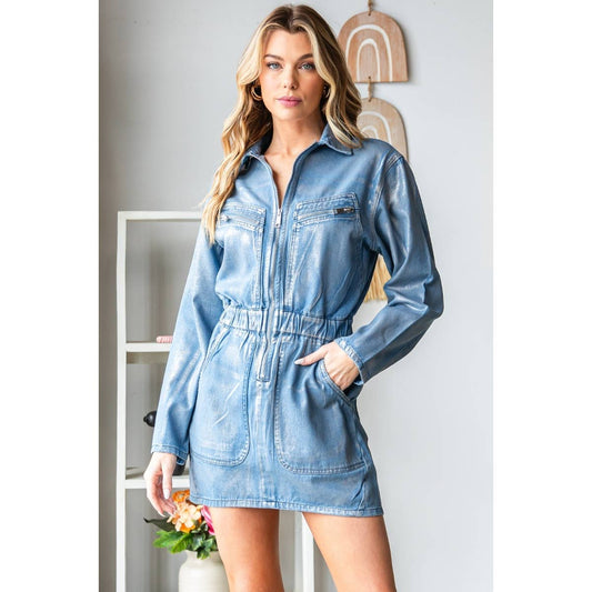 Metallic Foil Denim Utility Mini Dress