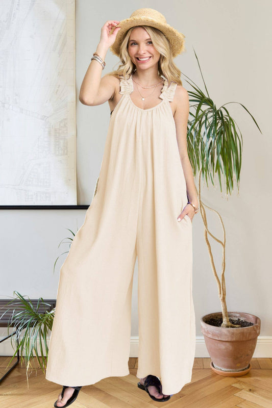 ELASTIC RUFFLE SHOULDER JUMPSUIT