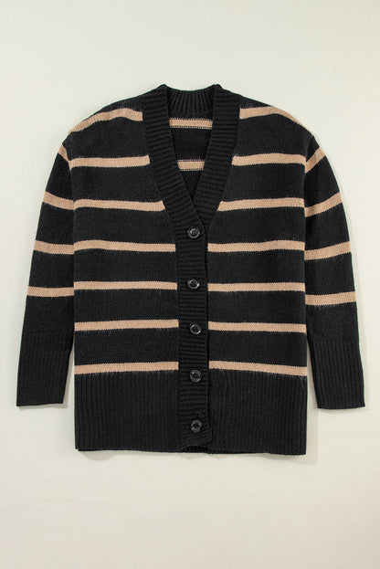 Plus Size Stripe Button V Neck Drop Shoulder Loose Cardigan