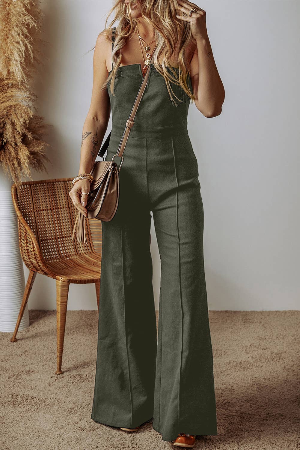 Seamed Zipper Spaghetti Strap High Waist Flared Jumpsuit