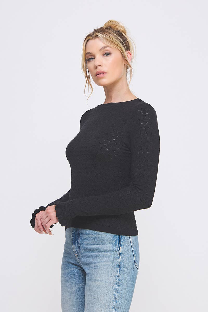 Pointelle Knit Top with Ruffle Sleeve