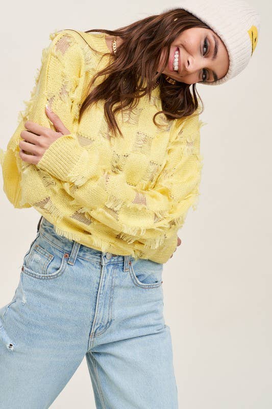 Distressed Checkered Patterned Fringe Sweater