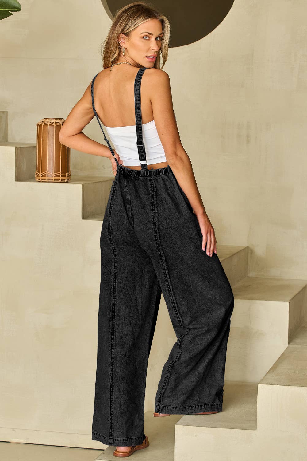 Light Wash Frayed Exposed Seam Wide Leg Denim Overall