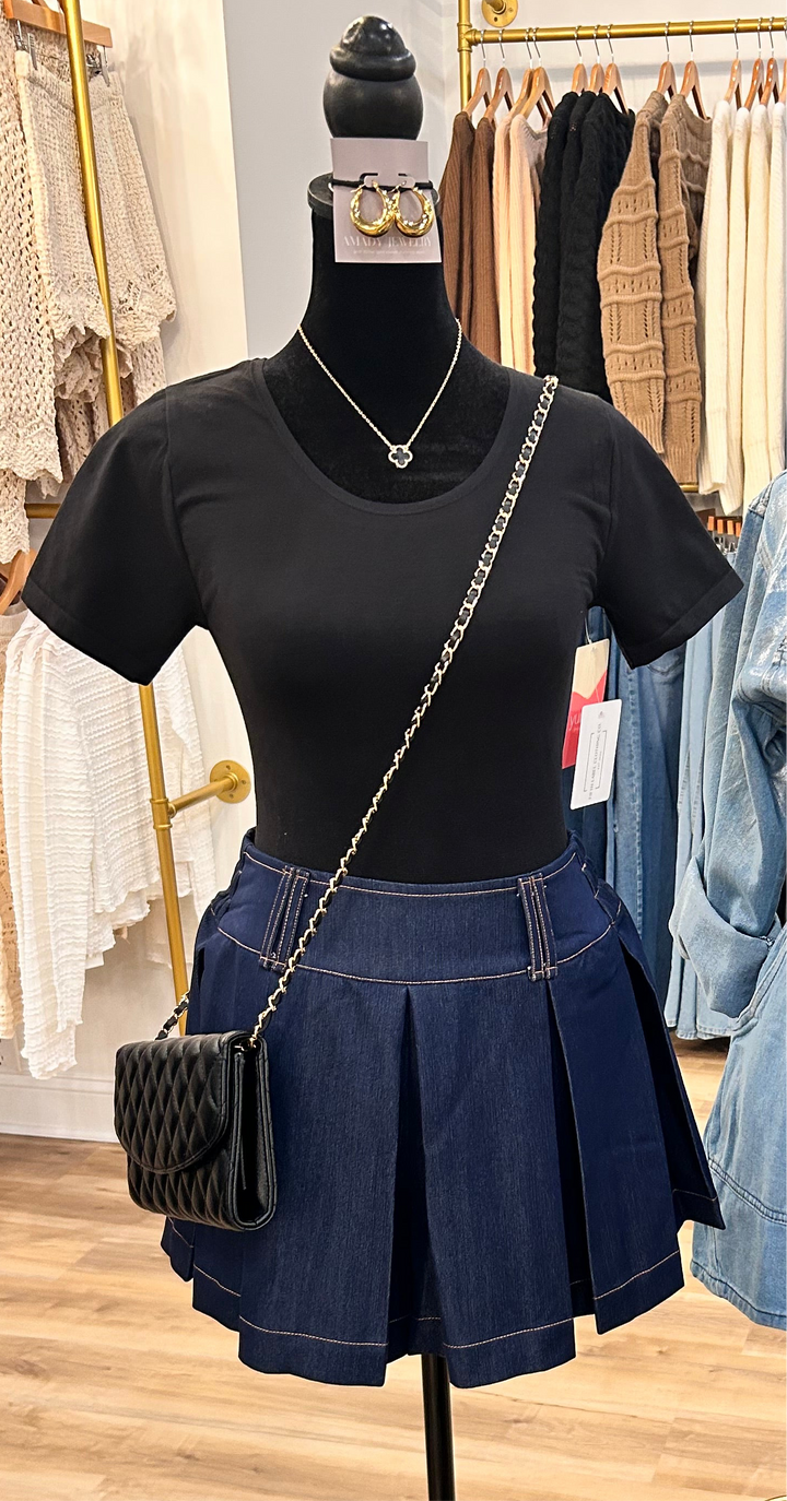 Dark Denim Pleated Knit Skort