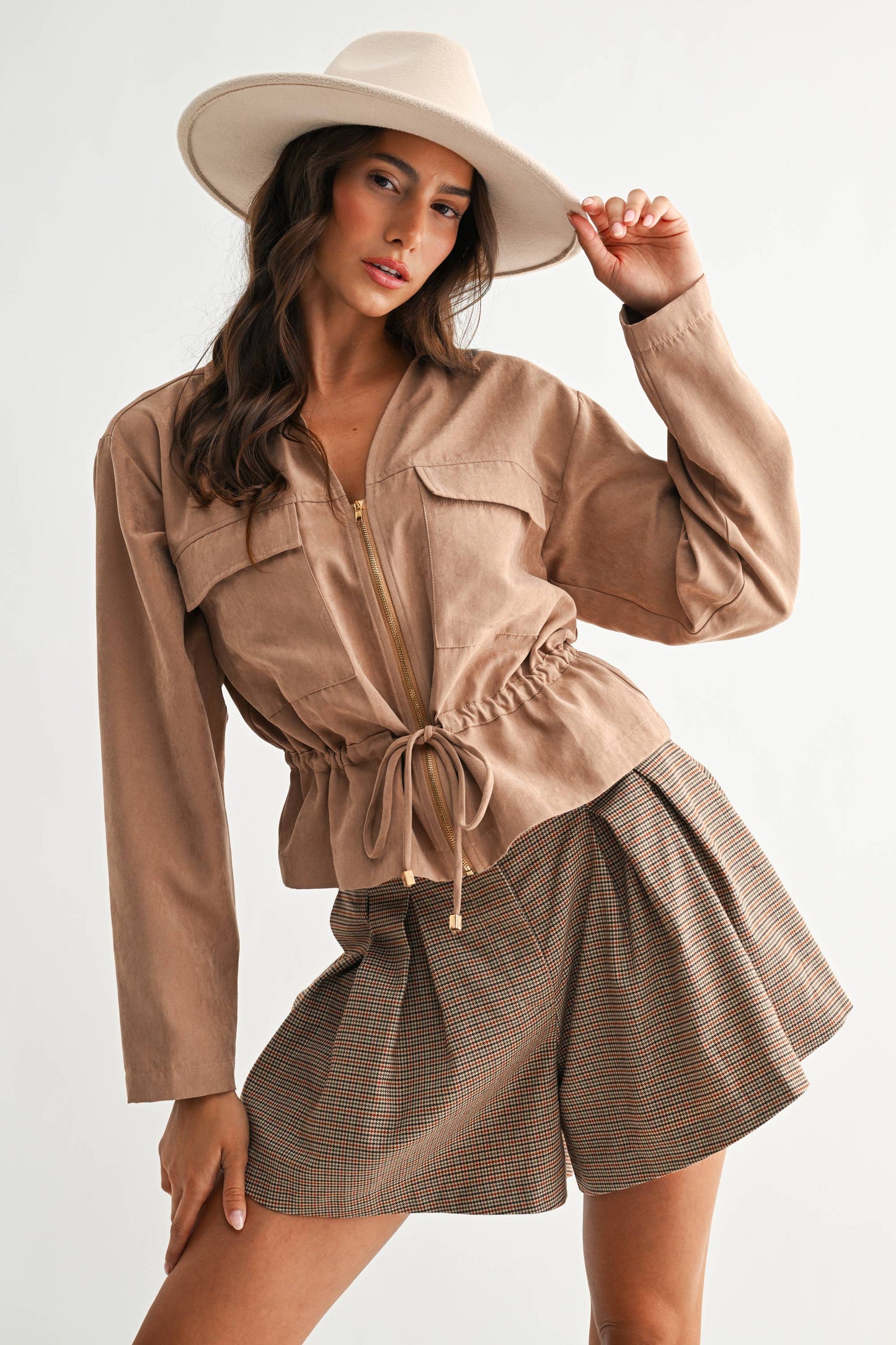 Lightweight Taupe Drawstring Utility Jacket