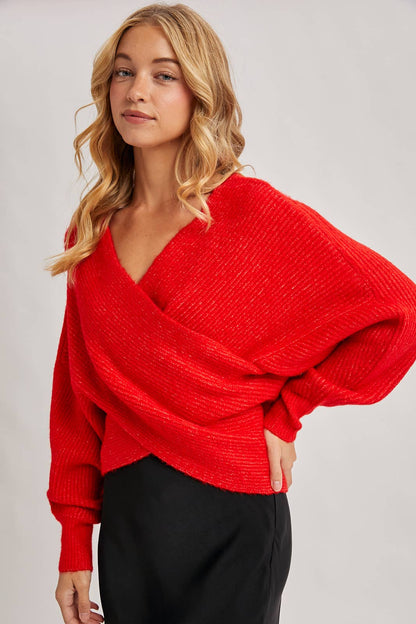WRAP CROSSOVER RIBBED FUZZY KNIT SWEATER PULLOVER