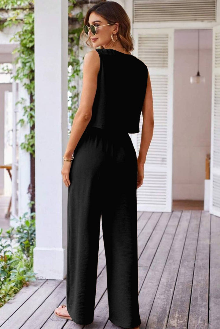 Buttoned Vest Drawstring Wide Leg Pants 2pcs Set