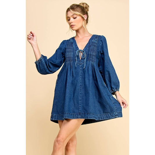 V-neck Sleeveless Pleated Denim Dress