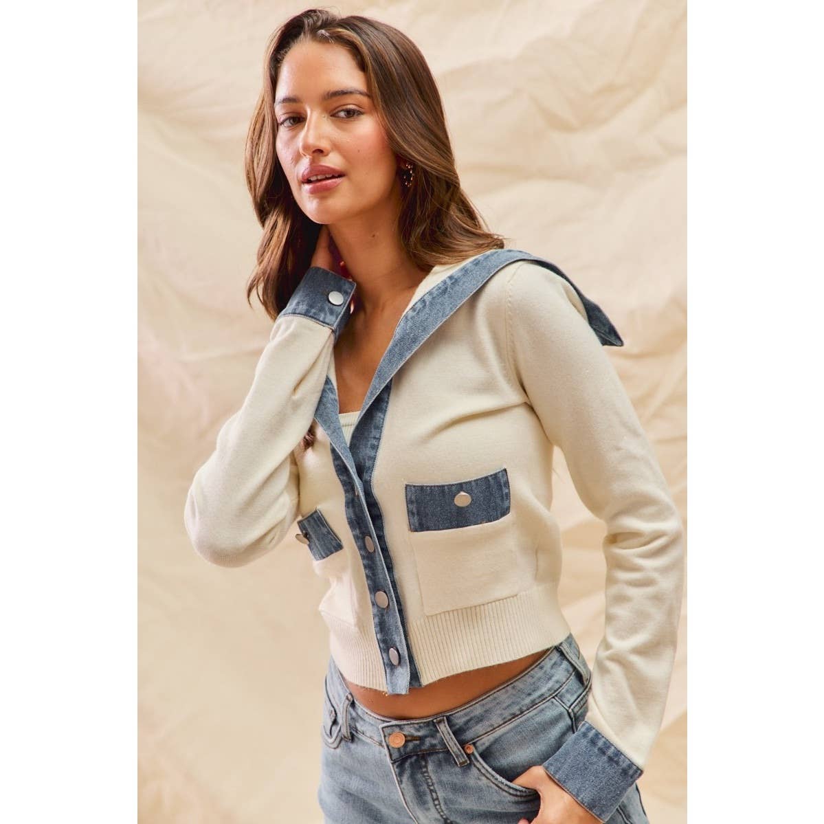 Denim Detail Cardigan Sweater