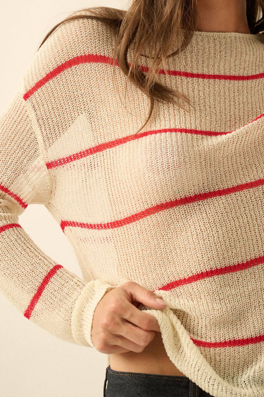 Red Striped Semi-Sheer Lightweight Knit Loose-Fit Sweater