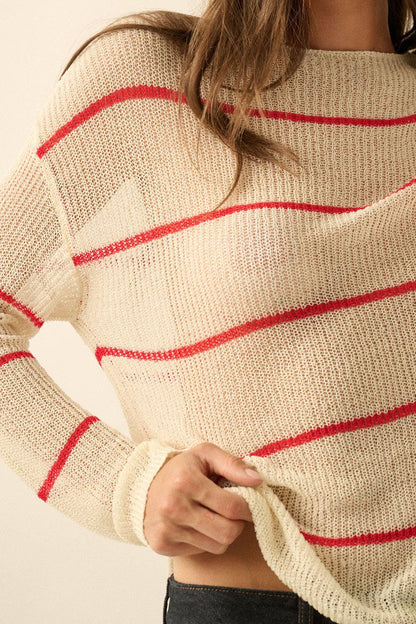 Red Striped Semi-Sheer Lightweight Knit Loose-Fit Sweater