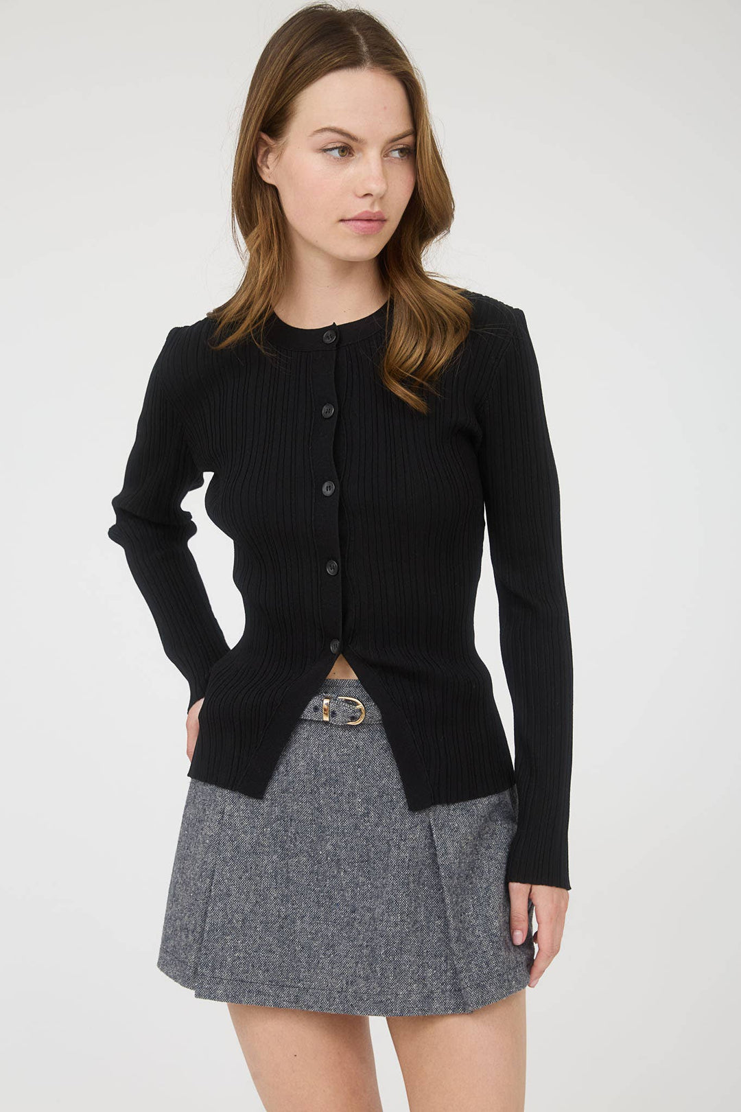 STRIPE KNIT BUTTON DOWN SPLIT HEM CARDIGAN