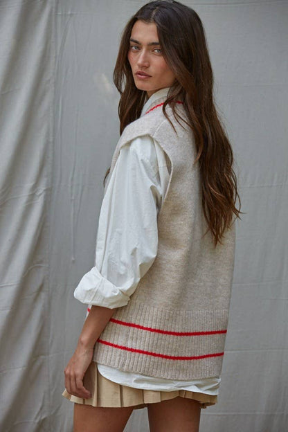 Striped V-Neck Sleeveless Knit Vest