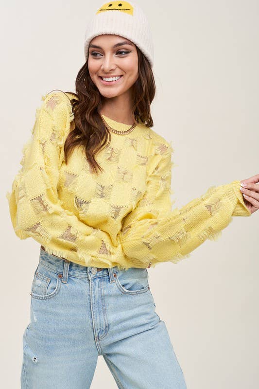 Distressed Checkered Patterned Fringe Sweater