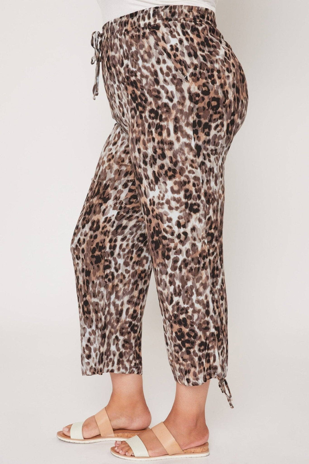 Plus Size Leopard Print Linen Elastic Waist Flood With Drawstring