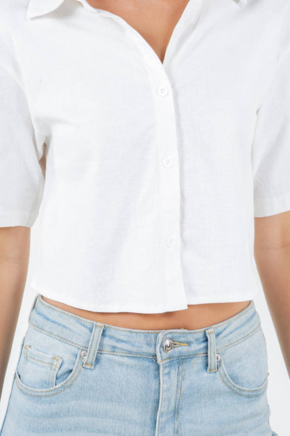 Button Down Short Sleeve Relax Fit Crop Shirt