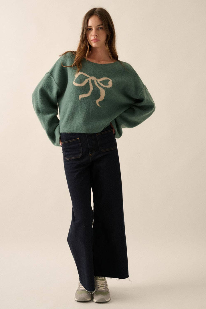 Solid Contrasting Ribbon-Bow Knit Sweater