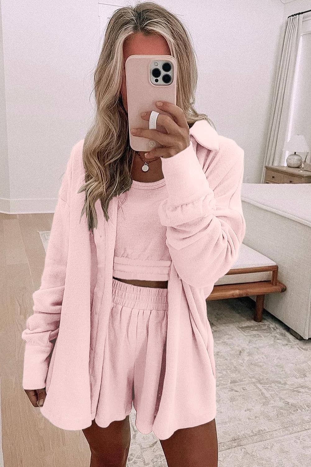 3 Piece Crop Tank Shorts with Cardigan Lounge Set