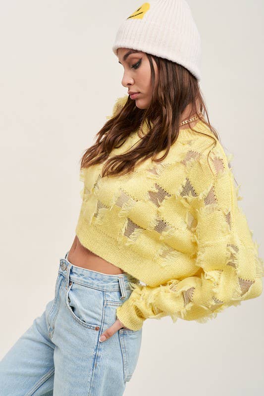 Distressed Checkered Patterned Fringe Sweater