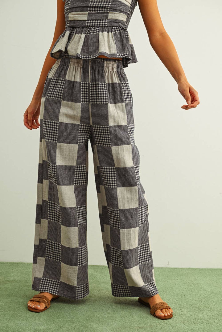 GINGHAM AND STRIPE PATCH EFFECT PANTS